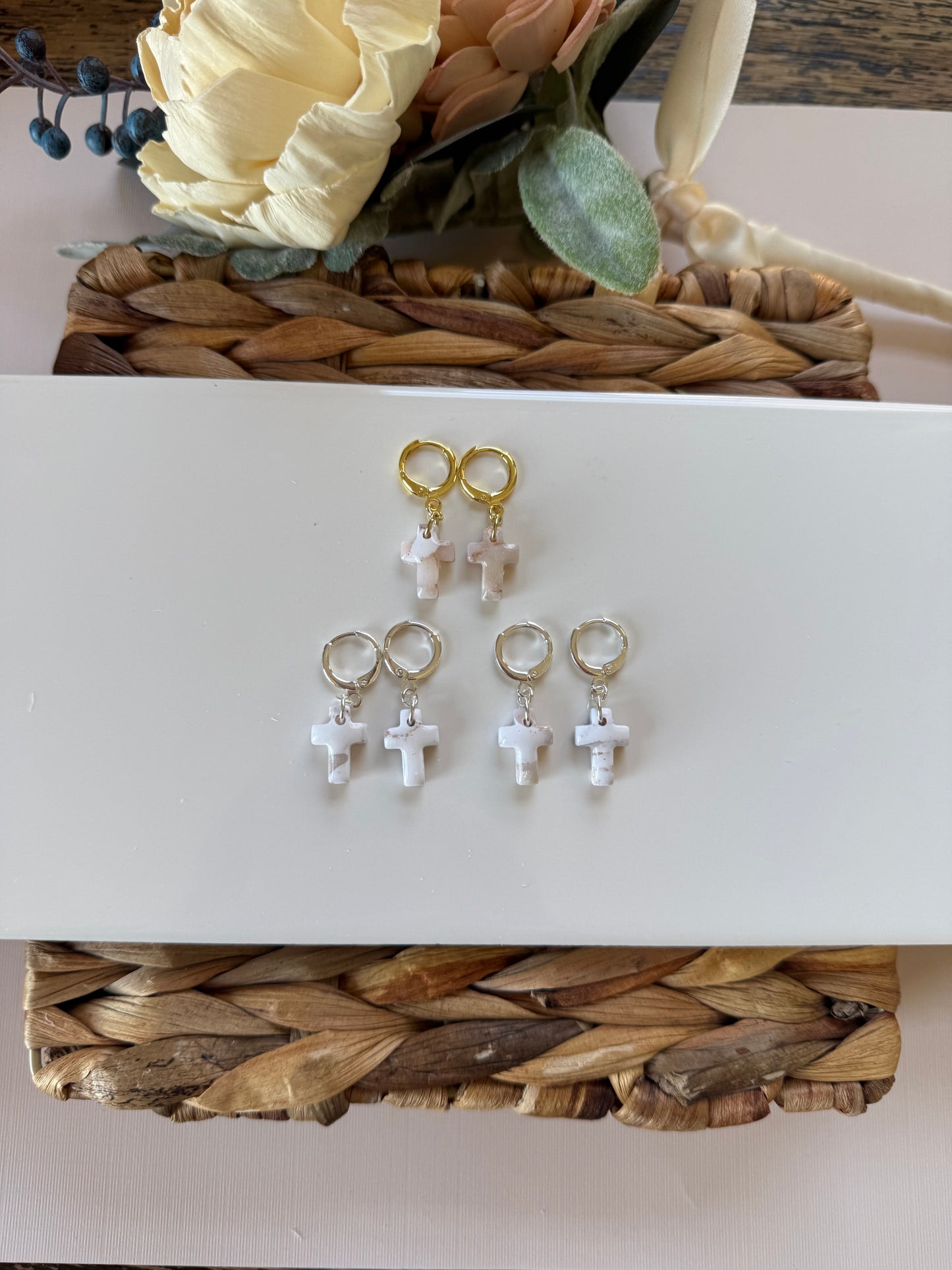 White Marble Cross Huggie