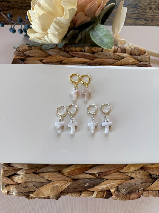 White Marble Cross Huggie